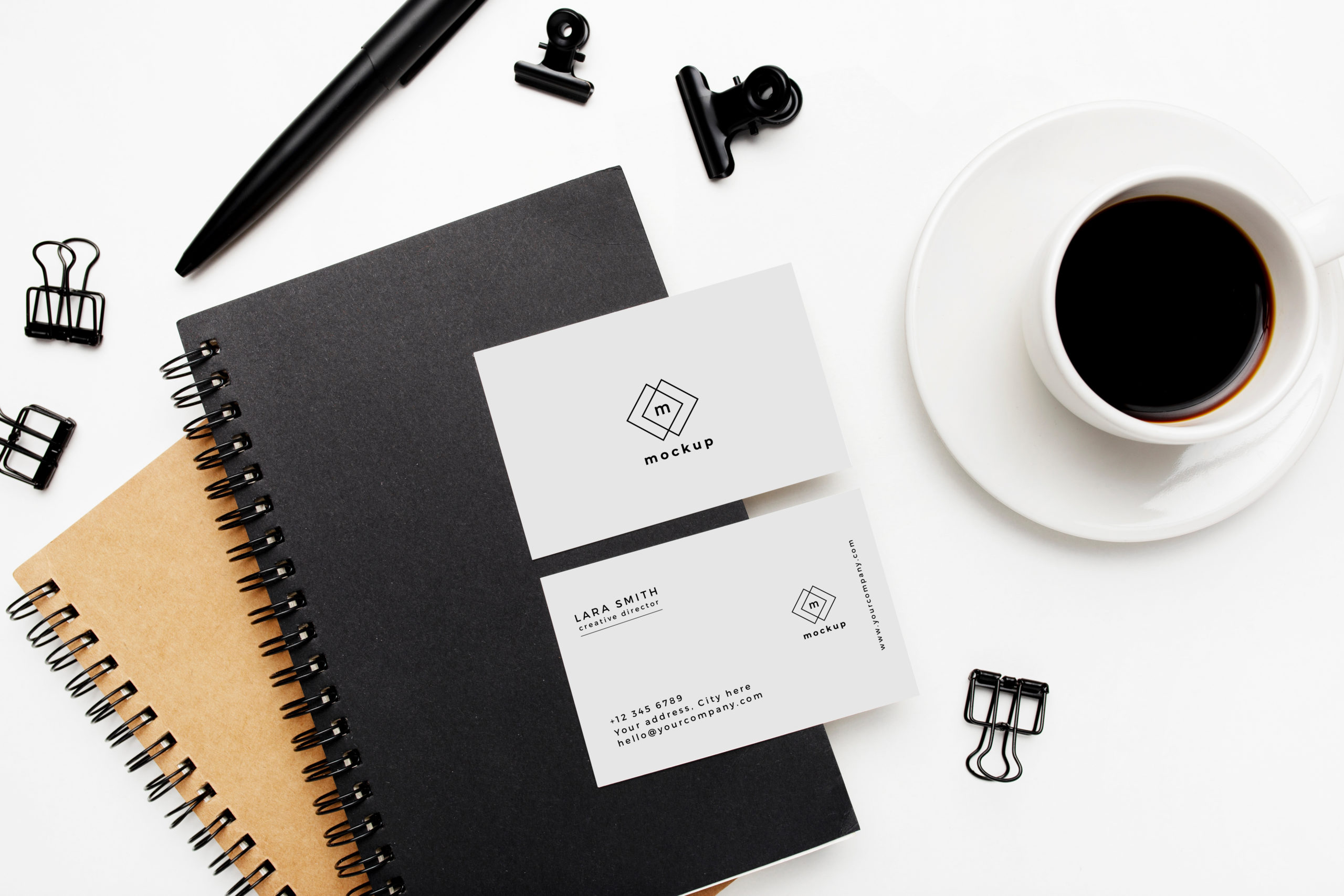 Elegant business desktop with visit card mockup on white backgro